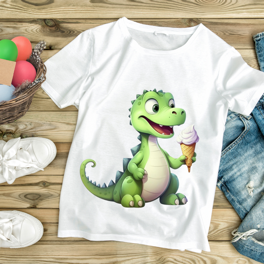 White green dino ice cream shirt featuring a cute cartoon dinosaur holding an ice cream cone