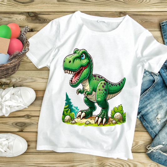 White green T-Rex t-shirt with cartoon dinosaur design laid on wooden background with sneakers and denim shorts