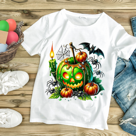 White t-shirt with Halloween candy apple gift design featuring a green spooky pumpkin, bats, spiders, and a lit candle