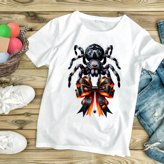 White t-shirt featuring a large Halloween spider bow tie design with black and orange ribbon by customizable creations