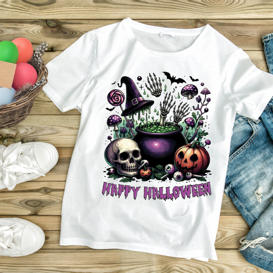 White customizable creations Happy Halloween design tee with skull, pumpkin, cauldron, and witch hat graphics