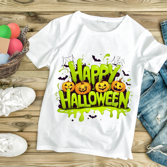 White t-shirt with Happy Halloween pumpkin design for spooky Halloween clothing by customizable creations