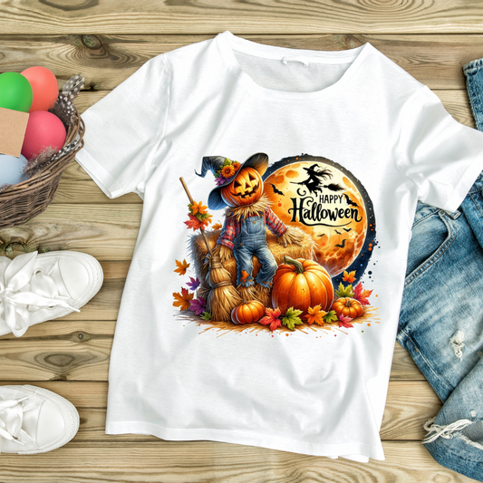 White happy Halloween shirt with pumpkin scarecrow and full moon design by Customizable Creations