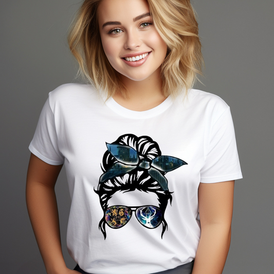 Smiling woman wearing a white Harry Potter graphic tee women with a stylish hair and sunglasses design