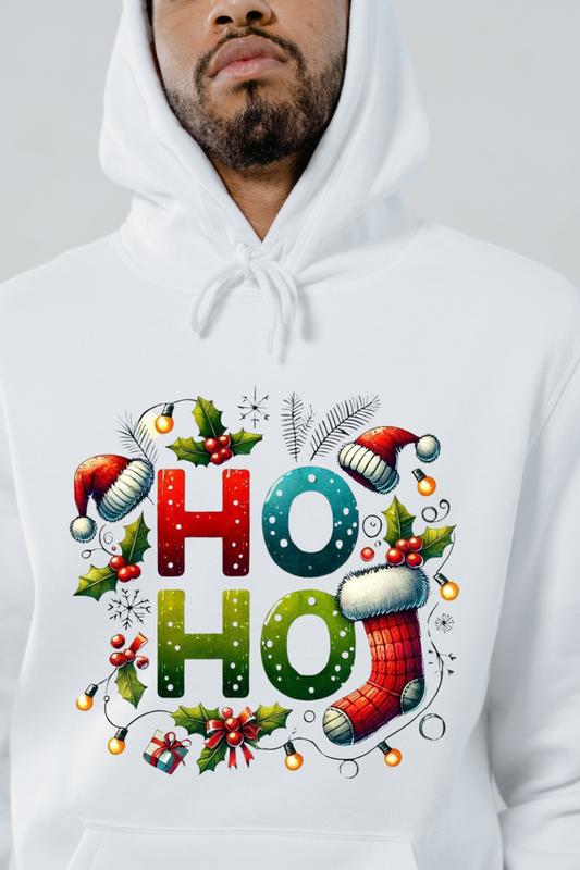 White hoodie featuring colorful HO HO theme apparel design with Christmas hats, holly, and stockings
