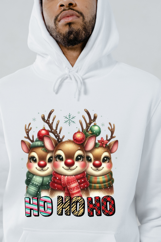 White hohoho hoodie Christmas with cute reindeer wearing scarves and festive ornaments design