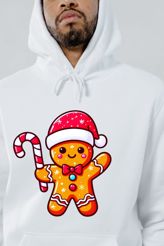 White holiday ginger man sweatshirt with a festive gingerbread character wearing a Santa hat and holding a candy cane