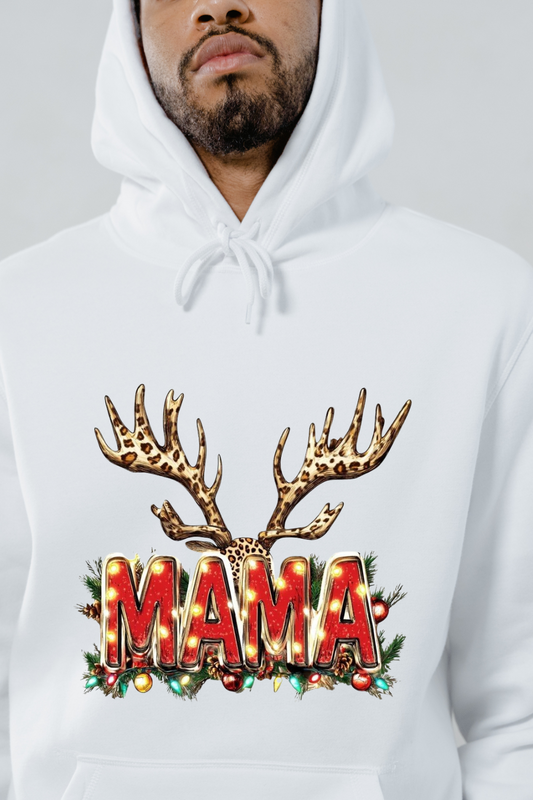 White hoodie featuring holiday mama deer apparel with leopard print antlers and festive lights design