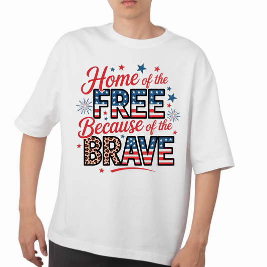 White shirt with patriotic Home of the free because of the brave shirt design in red white and blue