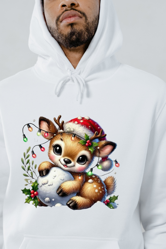 White hoodie with a cute reindeer wearing a Santa hat holding a snowball and Christmas lights