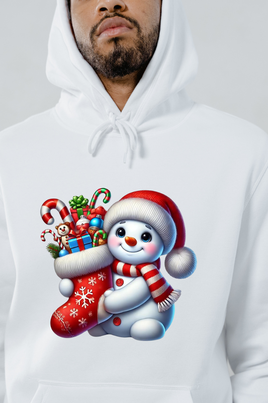 White hoodie from customizable creations featuring a festive snowman holding a Christmas stocking filled with gifts and candy canes