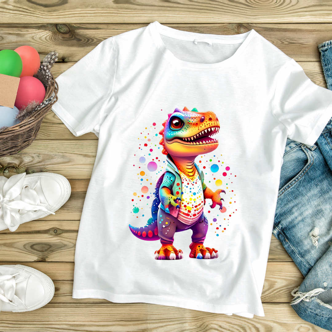 White kids colorful t rex shirt by customizable creations featuring a vibrant cartoon dinosaur design