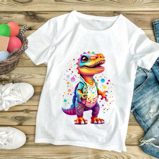 White kids colorful t rex shirt by customizable creations featuring a vibrant cartoon dinosaur design