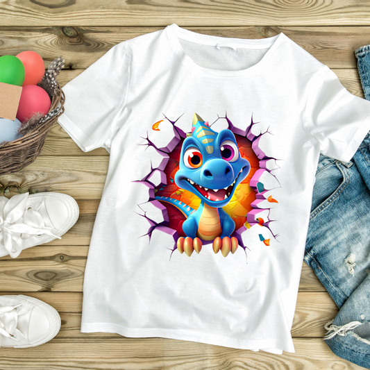 White kids dinosaur graphic tee with colorful cartoon dinosaur breaking through wall design