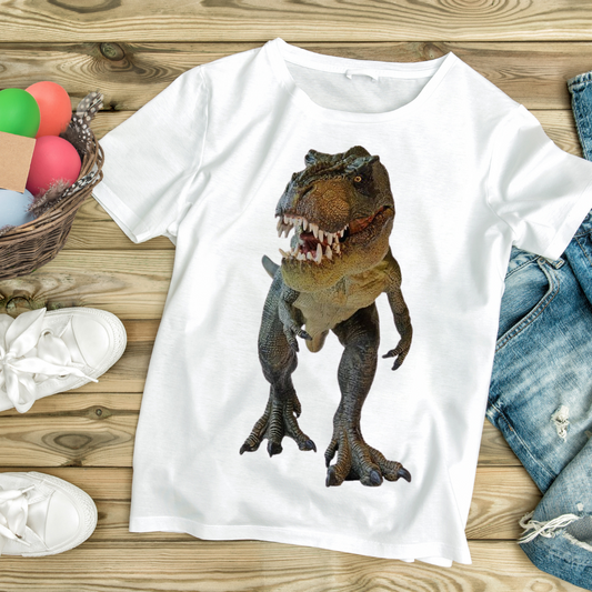 White kids T-Rex clothing T-shirt with realistic dinosaur graphic on wooden background with shoes and jeans