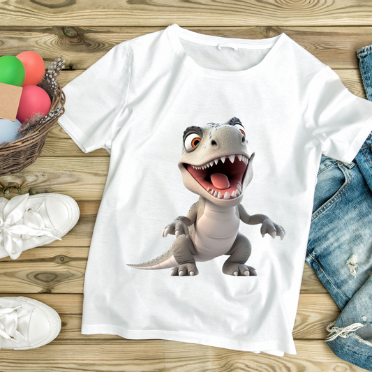 White kids T-Rex graphic tee with a cute cartoon dinosaur design laid flat on wooden surface