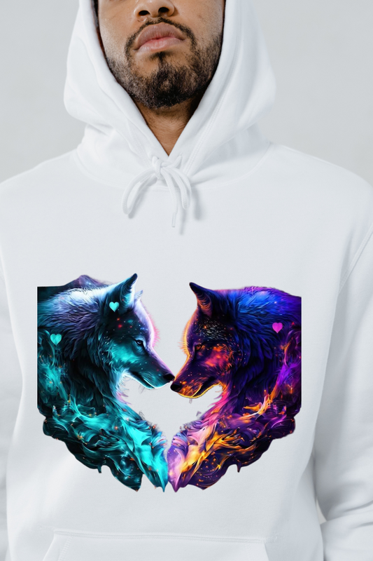 White hoodie featuring love heart wolf art apparel design with two colorful wolves facing each other