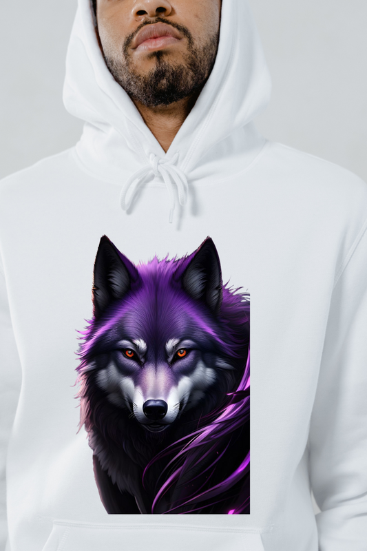 White hoodie featuring a mean purple wolf hoodie graphic with intense eyes and detailed fur design