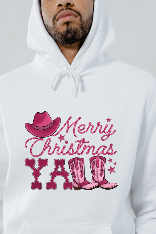 White Merry Christmas y'all hoodie with pink cowboy hat and boots graphic design