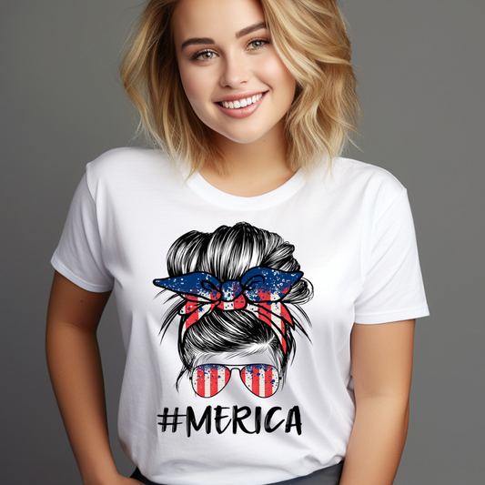 Woman wearing customizable creations Messy Bun America T-Shirt with patriotic graphic and sunglasses