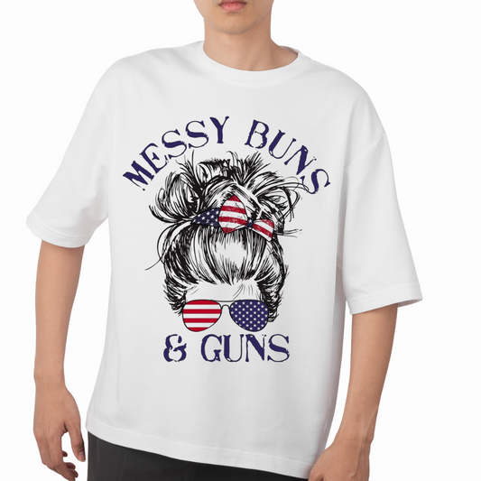 White customizable creations messy bun patriotic shirt with graphic of messy bun and American flag sunglasses
