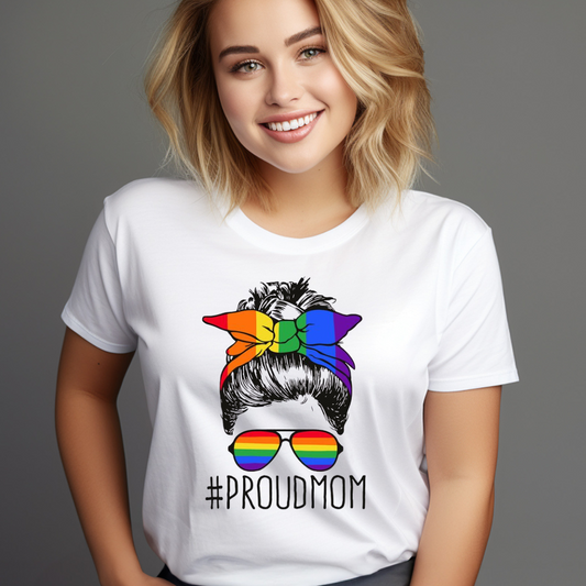 Woman wearing a customizable creations Messy Bun Proud Mom Shirt with rainbow bow and sunglasses design