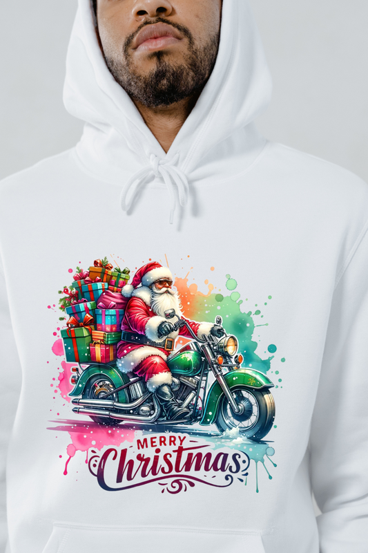 White hoodie featuring colorful motorcycle Santa Christmas hoodie design with Santa riding a motorcycle loaded with gifts