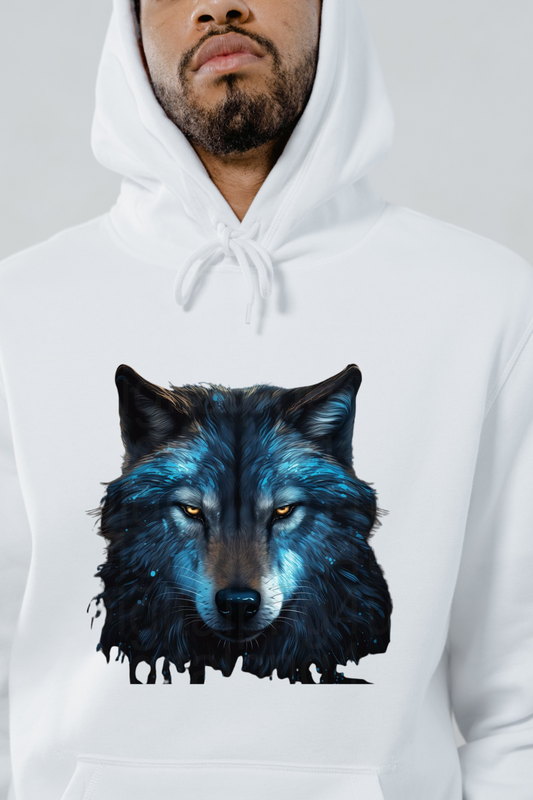 White night wolf graphic hoodie featuring a detailed blue and black wolf face design