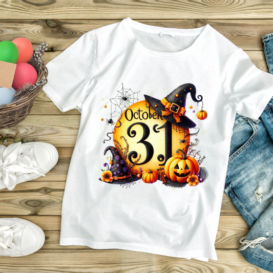 White October 31st shirt with Halloween design featuring pumpkins, witch hats, and spider web