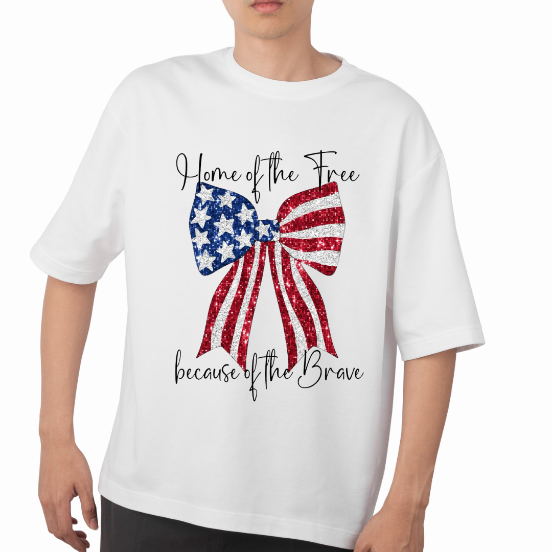 White patriotic bow t-shirt with glitter American flag bow and Home of the Free text