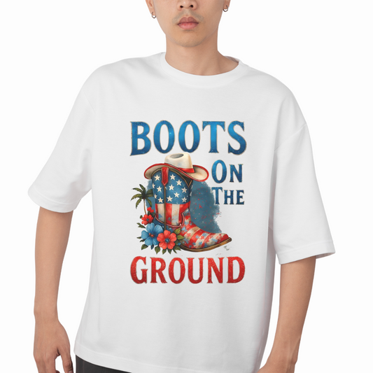 White patriotic cowboy boots shirt with American flag boot and floral design by customizable creations