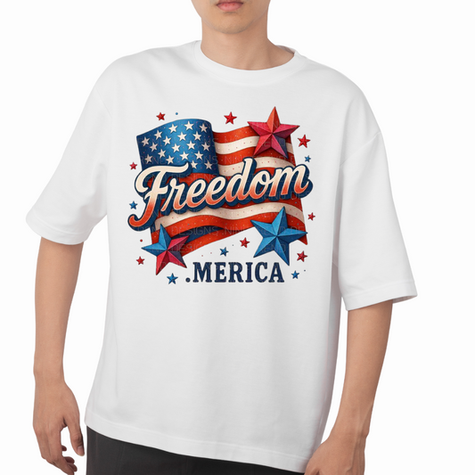 White patriotic freedom t shirt with American flag, stars, and Freedom text by customizable creations
