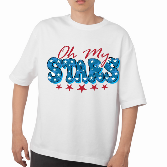 White patriotic graphic t-shirt with Oh My Stars blue and red text design by Customizable Creations