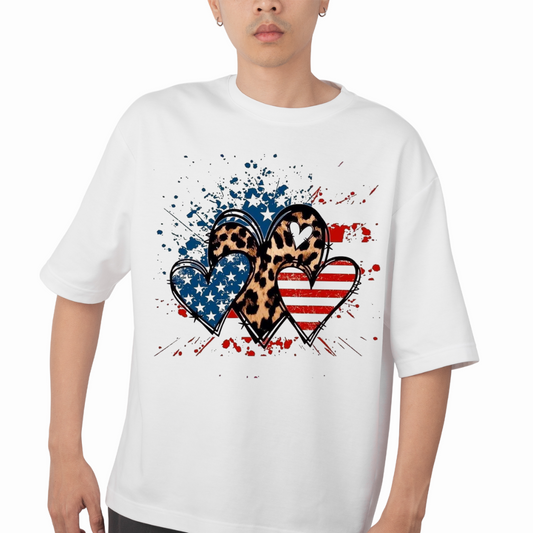 Patriotic heart t-shirt with American flag and leopard print heart designs on white fabric