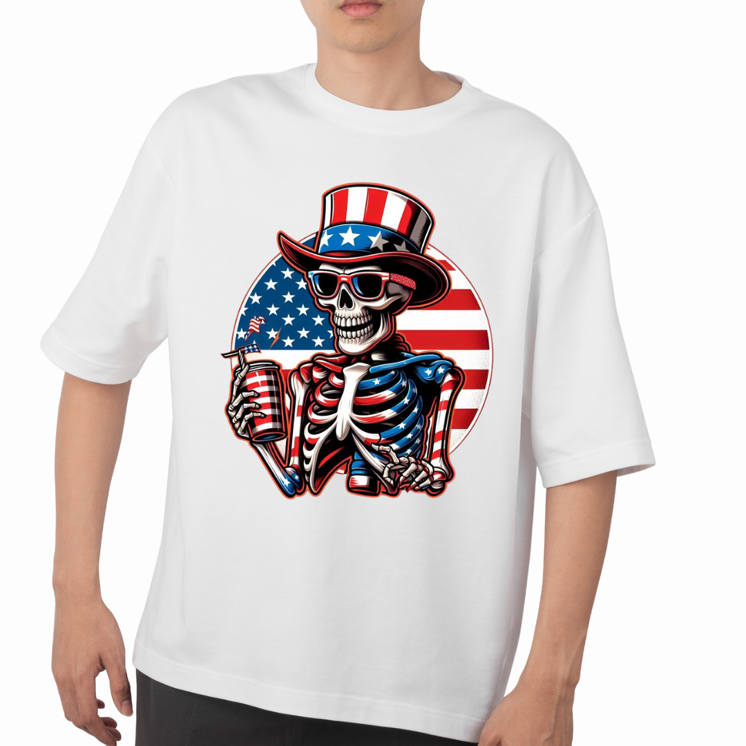 White t-shirt featuring a patriotic skeleton t-shirt design with American flag colors and sunglasses