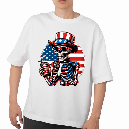 White t-shirt featuring a patriotic skeleton t-shirt design with American flag colors and sunglasses