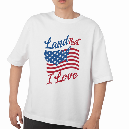 White patriotic t shirt USA with Land That I Love design featuring American flag map print