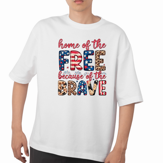 White patriotic t shirt with home of the free because of the brave graphic in red white blue and leopard print