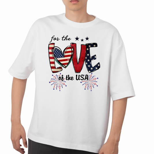 White patriotic USA t-shirt with love design featuring American flag and fireworks graphics