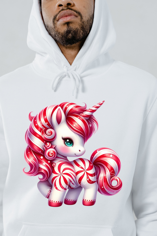 White hoodie featuring a colorful peppermint unicorn hoodie design with red and white swirls