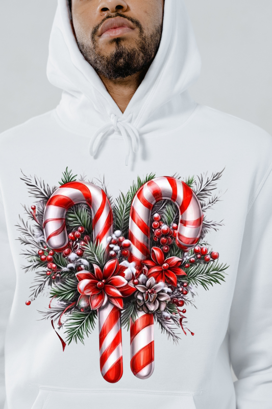 White personalized candy cane hoodie with red and white candy canes and festive holiday floral design