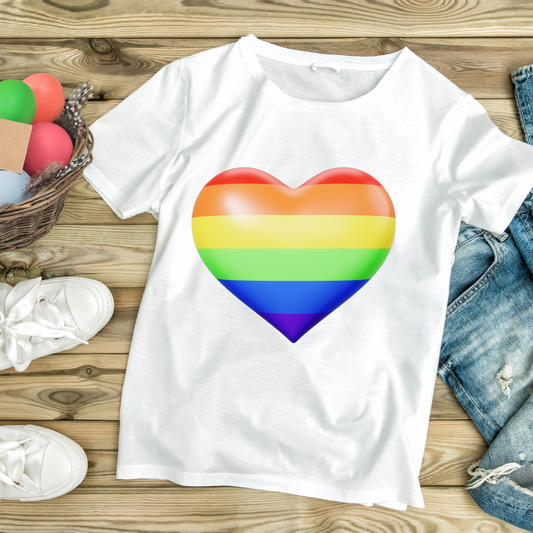 White t-shirt with a large colorful personalized rainbow heart gift design on the front