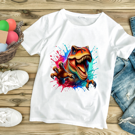 Customizable Creations pink blue t-rex shirt with vibrant dinosaur graphic on white fabric