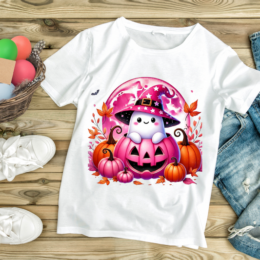 White pink pumpkin ghost shirt with cute ghost in witch hat and colorful pumpkins on wooden background