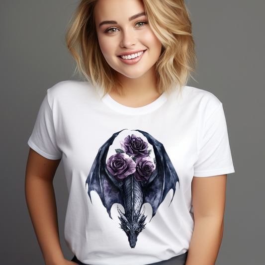 Woman wearing a white purple dragon t-shirt featuring a dragon with purple roses on its back