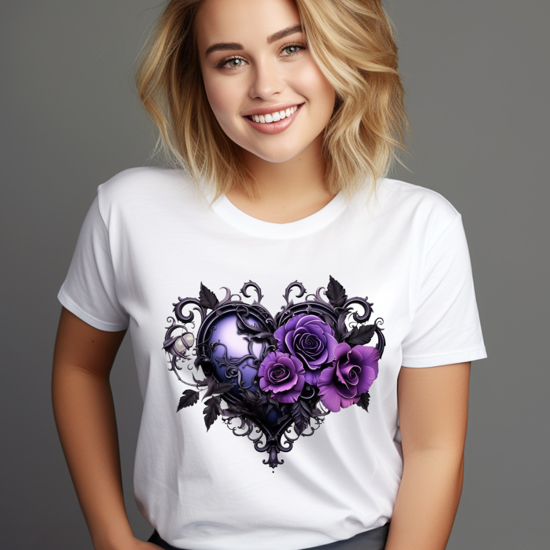 Smiling woman wearing a white customizable creations purple heart rose shirt with purple roses and intricate black heart design