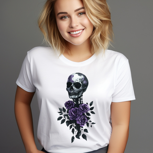 Smiling woman wearing a white purple skull t-shirt with purple roses and leaves design