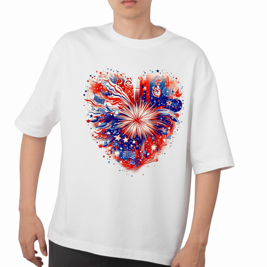 White shirt featuring a red white blue heart shirt design with fireworks and stars