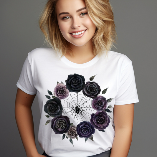 Woman wearing a white rose spider web t-shirt featuring black and purple roses surrounding a spider web design