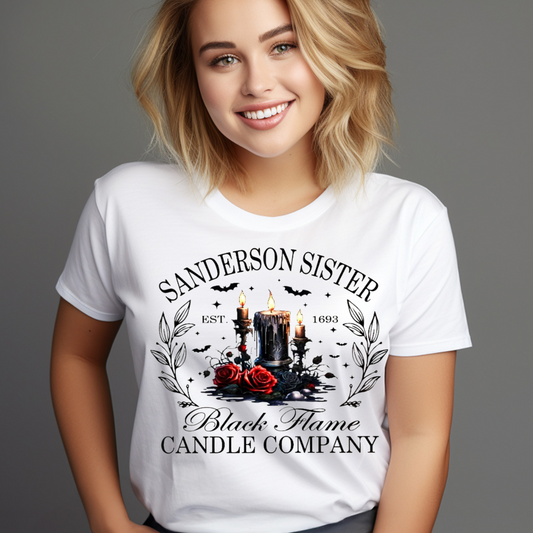 White t-shirt with Sanderson Sister candle design featuring black candles, red roses, and bats
